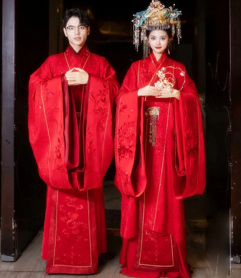 

Китайское свадебное платье Hanfu для невесты, костюм для церемонии в древнем стиле, традиционный костюм жениха, красный великолепный халат, наряд CT013
