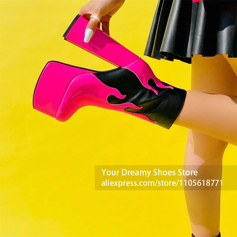 Ultra Thick Elevated Platform Sole Flame Print Ankle Boots Glossy Patent Leather Upper Platform Ankle Boot Night Club Party Look