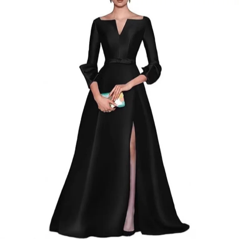 QMANSHA Maßgeschneiderte Satin-Abendkleider, schulterfrei, V-Ausschnitt, hoher Schlitz, A-Linie, formelles Kleid, Brautmutterkleid, Hochzeitsfeierkleid – Detail 10