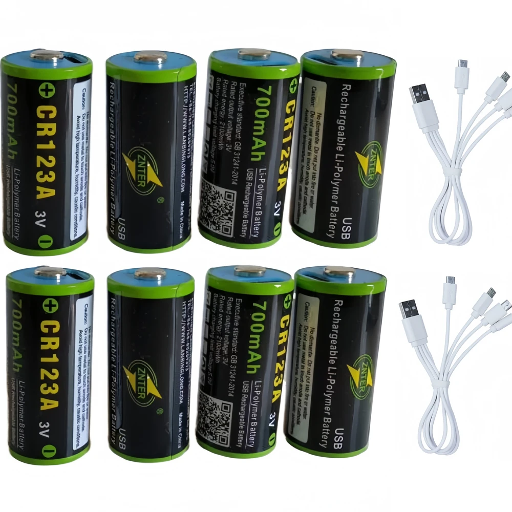 8PCS ZNTER CR123A rechargeable battery 700mAh 3.0V 16340 lithium battery USB battery with Type-C charging cable