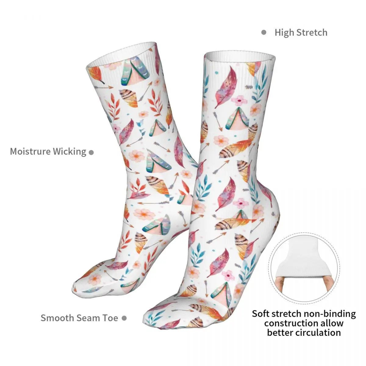 Compression Colorful Boho Feather Pattern Women Socks 2022 Men Bohemian Sports Sock