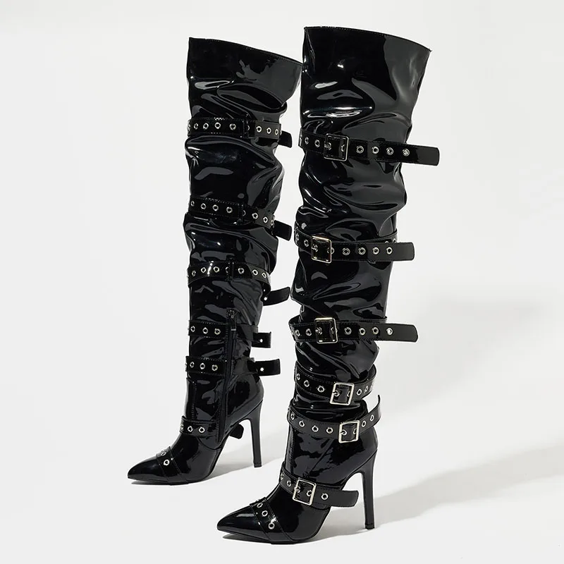 

Pointed Toe Party Ladies Thin Heels Shoes Fashion Zippers Thigh High Shoes Women Buckle Strap Over The Knee Boots Black
