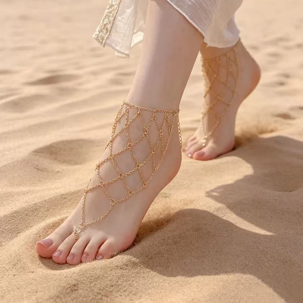 Gold Color Web Net Shape Foot Chains Toe Anklets Accessories Summer Beach Vacation Barefoot Anklet Ankle Chain Bracelet Ornament