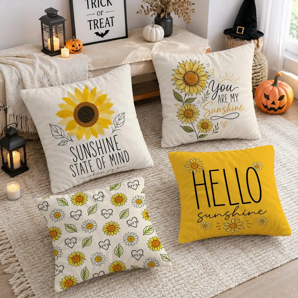Yellow Sunflower Cushion Cover Soft Short Plush Double-Sided Printing Sofa Home Decor Festival Pillow Case Gifts