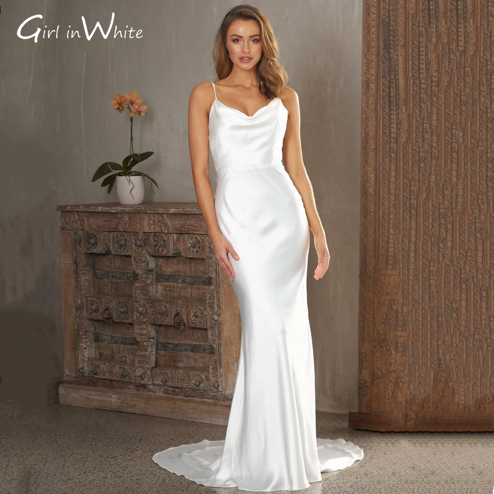 

Sexy Satin Mermaid Wedding Dress Spaghetti Straps Backless Bride Dresses Simple Bridal Gown Court Train Vestido De Noiva