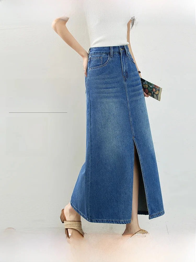 

Джинсовая юбка А-силуэта с высокой талией, женская, длинная, винтажная, с разрезом, повседневная, из смесового хлопка, летняя, модная