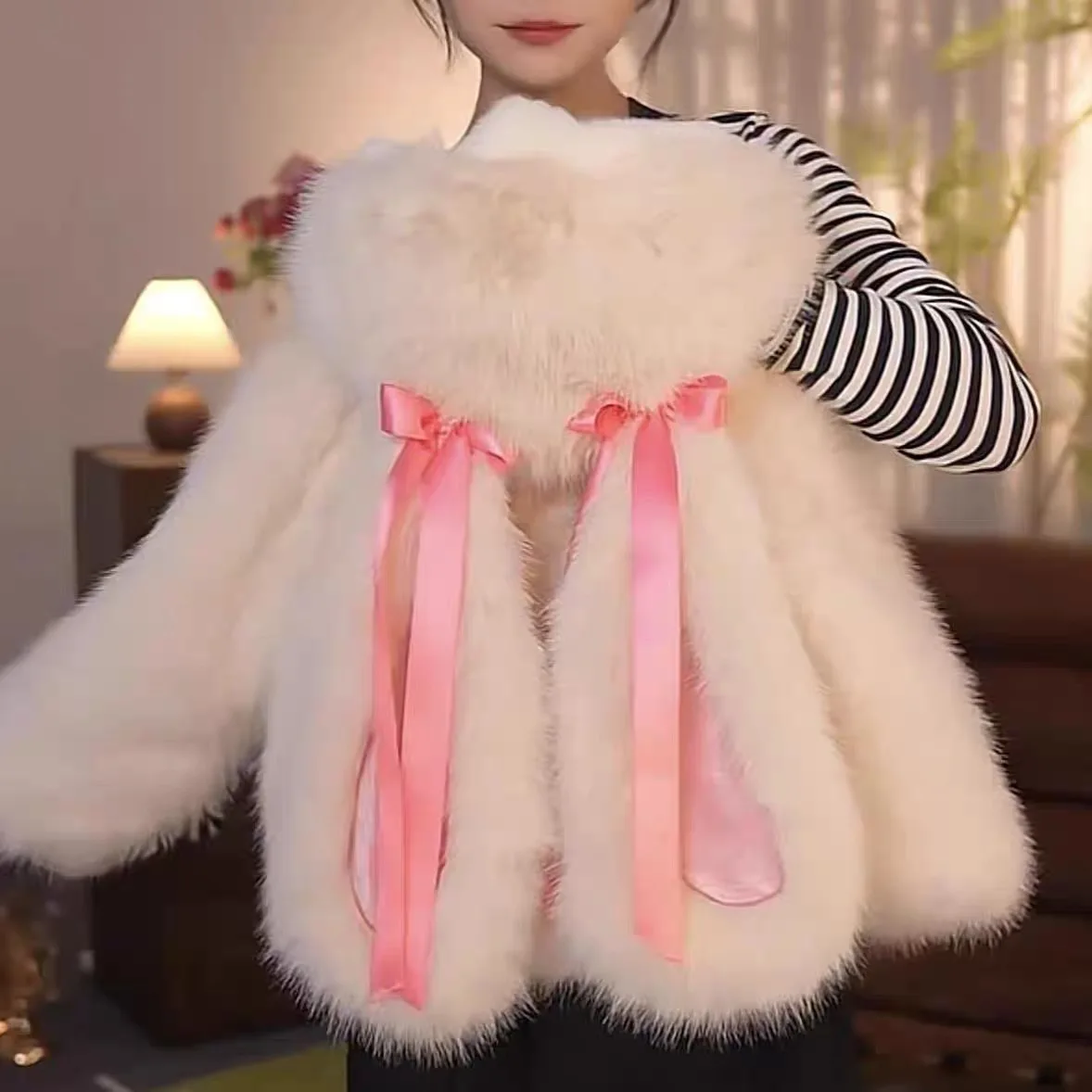 

Thiened Fce Hooded Jaet for Girls Cute Rabbit Ear Design Winter Warm Clothes Children's Outerwear Commute Sle Loose Fit