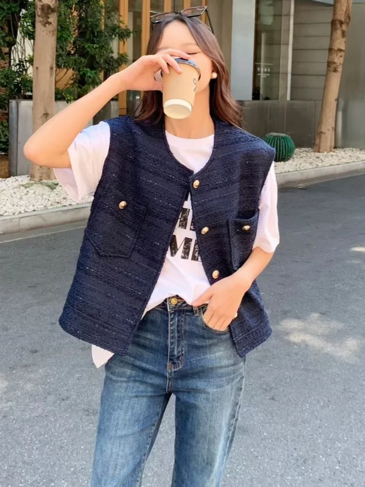 SMTHMA Fall Hot Sale Women's Fashion Casual Tweed Vest Women's Single Breasted Decorated Seeveless Woolen Top