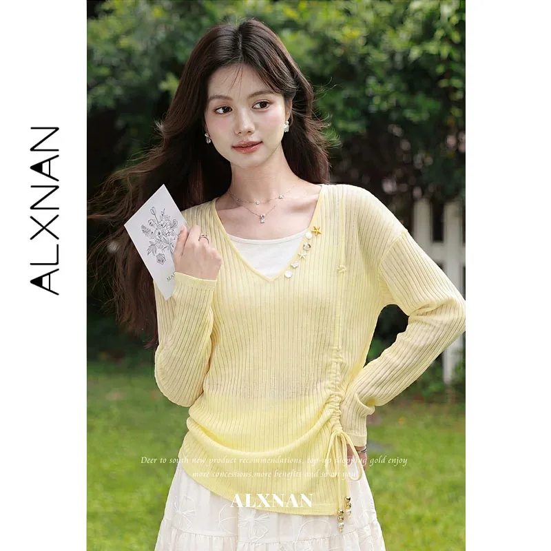 ALXNAN Yellow Sun Protection Knit Pullover V-neck Women Summer Loose-fit Thin Drawstring Waist Cover Up Long Sleeve Tops L66958A