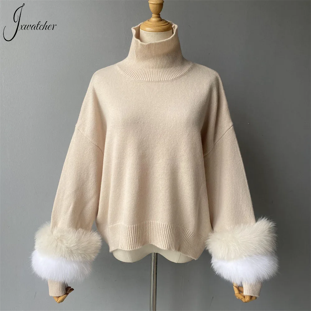 Jxwatcher Fashion Women Sweaters 2023 New Style Wool Knitted Pullover Real Fox Fur Cuffs Ladies Autumn Winter Warm Blouse Female