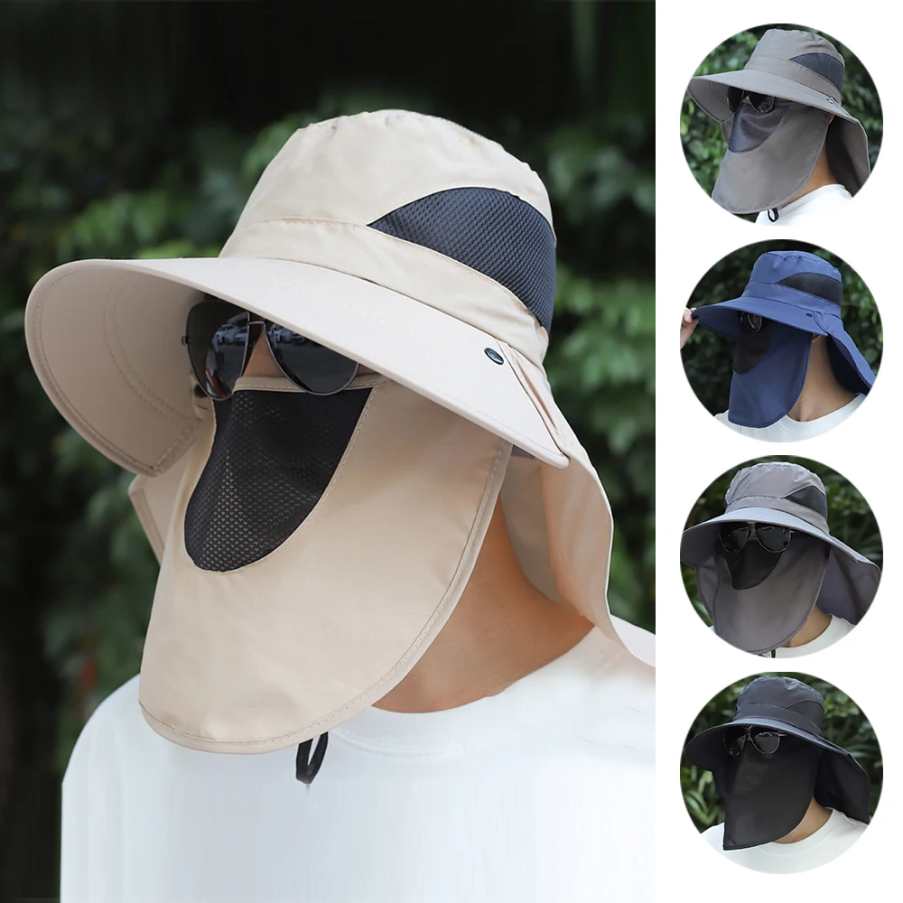 2024 HOT!Detachable Wide Brim Sun Cap with Neck Flap+Mesh Face Cover Mask Summer Fisherman Hat Sun Protection Hiking Fishing Hat