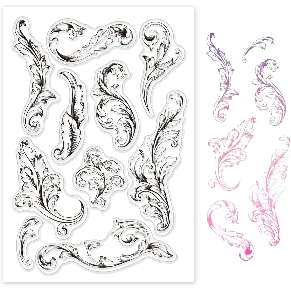 Retro Flower Silicone Clear Stamps Curly Leaf Transparent Stamp for Christmas Birthday Thanksgiving Cards Making DIY