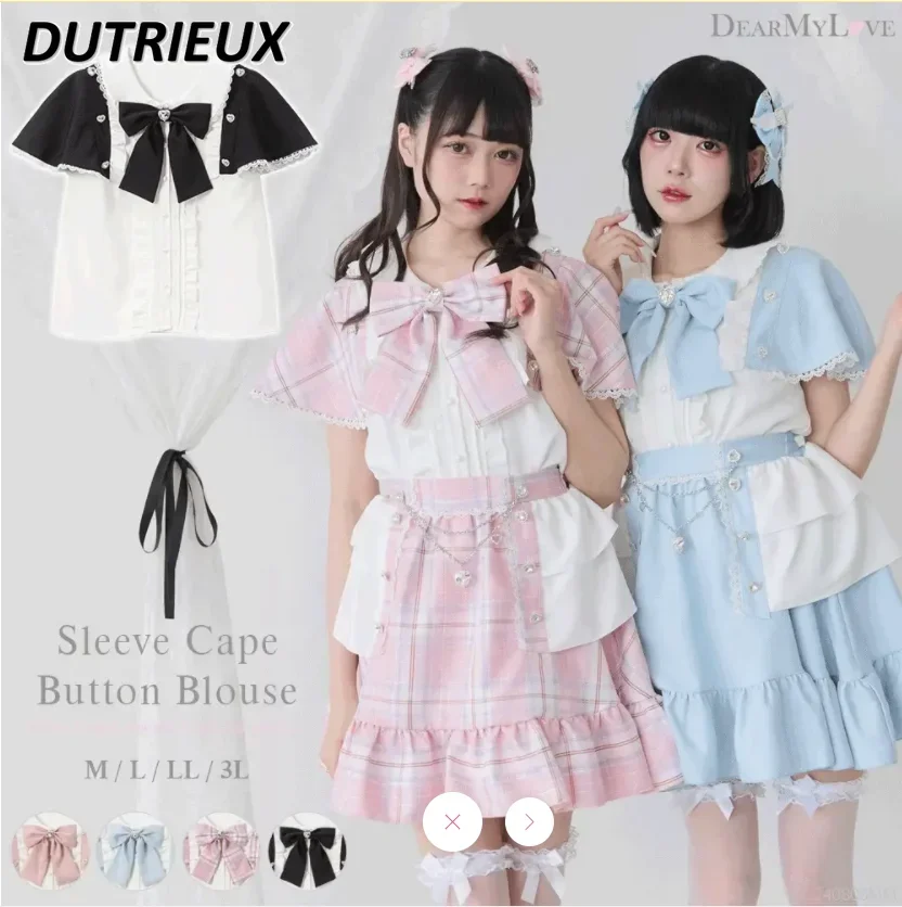 Japanese Cute Big Bow Diamond Button Top Wooden Ear Edge Exquisite Heavy Industry Shirt Cape Sweet Short Sleeve Camisas