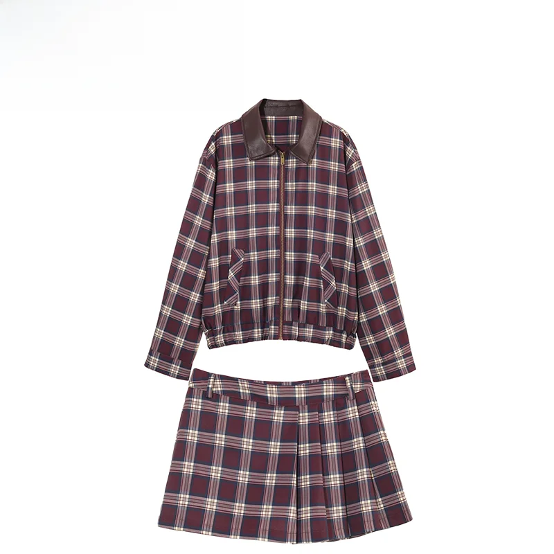 

Spring New ZR Women's Leather Effect Patchwork Jaet Coat Plaid Wide Pleat Skirt Pants High Waist Flannel Faion Set