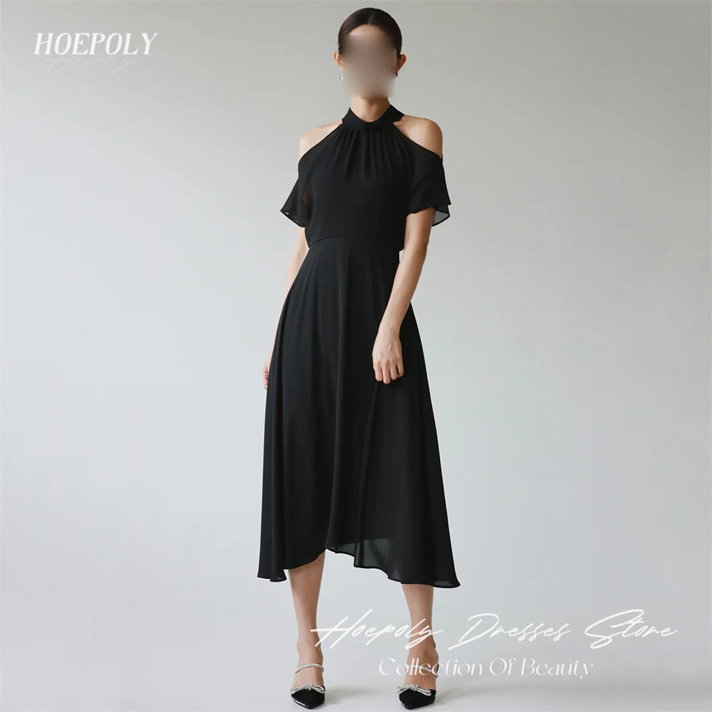 Hoepoly Classy Pleat High Neck Off The Shoulder Sleeveless A Line Long Evening Dress Tea Length Elegant Prom Gown New 프롬드레스