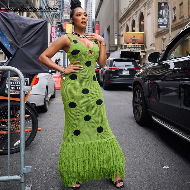 Seksowna czarna sukienka maxi z dzianiny w kropki, damska, prześwitująca, bez rękawów, z wycięciami, nowa sukienka na imprezę dla kobiet, 2025