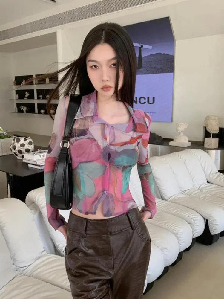 Yedinas Print Shirt Women Long Sleeve Crop Top See Through Button Up Blouse Women Thin Mesh Tops Spring Summer Y2k Shirts 2023