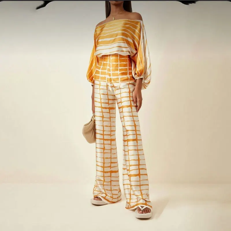 2 Piece Hollow Shoulder Tops Woman Casual Satin Print Long Pants Suit Spring Loose OL Clothes New In Matching Sets Elegant Trend