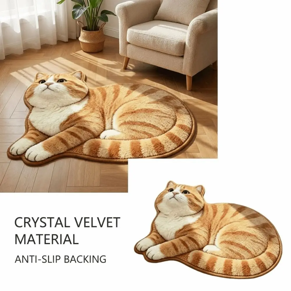 Soft Surface Cat Shape Floor Mat 2D Printed Cute Outline Crystal Velvet Rug Low Profile Easy Clean Animal Area Rug Living Room