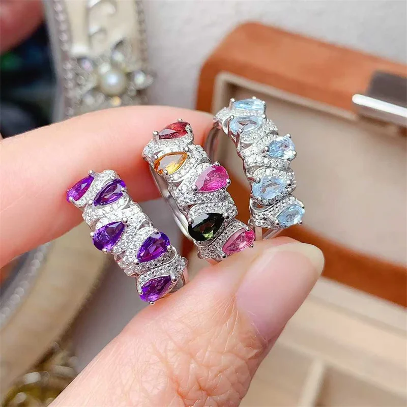 

Настоящее обручальное кольцо из стерлингового серебра S925 для женщин, кольцо с натуральным горячим турмалином и топазом, аметистом и драгоценным камнем с сертификатом
