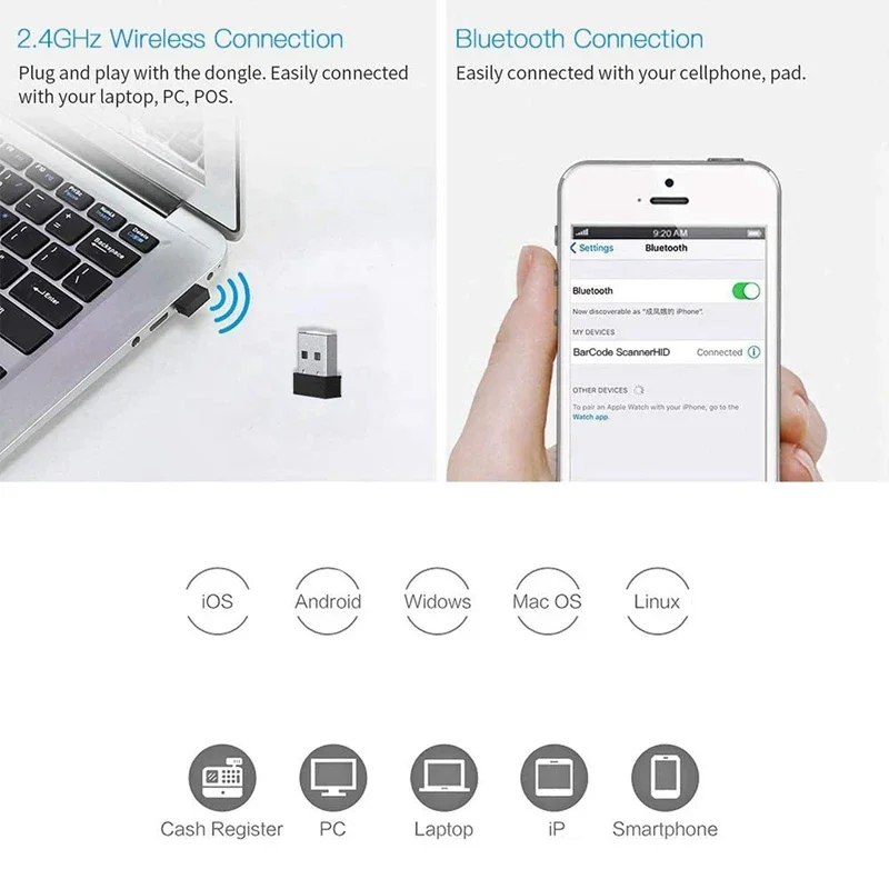 Imagem -05 - Mini Barcode Scanner com Usb com Fio Bluetooth 2.4g sem Fio 1d 2d qr Pdf417 Código de Barras para Ipad Iphone Android Tablets pc