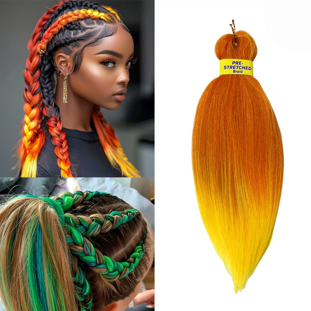 مجموعة شعر كروشيه صناعية ناعمة من ياكي ممتدة مسبقًا، مجموعة مياه ساخنة، أخضر وردي برتقالي أصفر لتصفيف الشعر #1