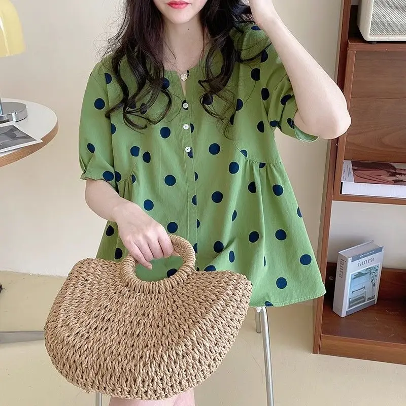 

Stylish V-Neck Button Blouse Korean Polka Dot Summer Thin Loose Short Sleeve Female Clothing Commute Printed Casual Folds Shirt