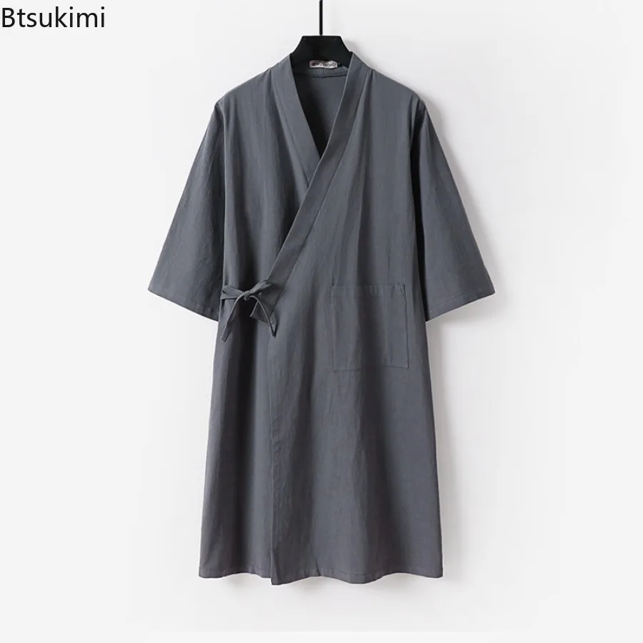 New 2025 Kimono Robe Men's Cotton and Linen Crepe Bathrobe Kimono Robes for Men Casual Loose Solid Color Short Sleeved Robe Male
