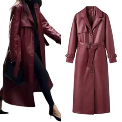 PB&ZA2024 new early autumn women's casual all-match solid color fashion temperament with belt suit collar long leather jacket