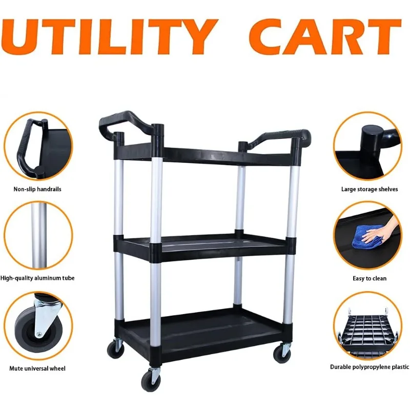 Plastic utility vehicle, wheels lockable, heavy duty restaurant cart, 390 LBS, 2 handles, black.