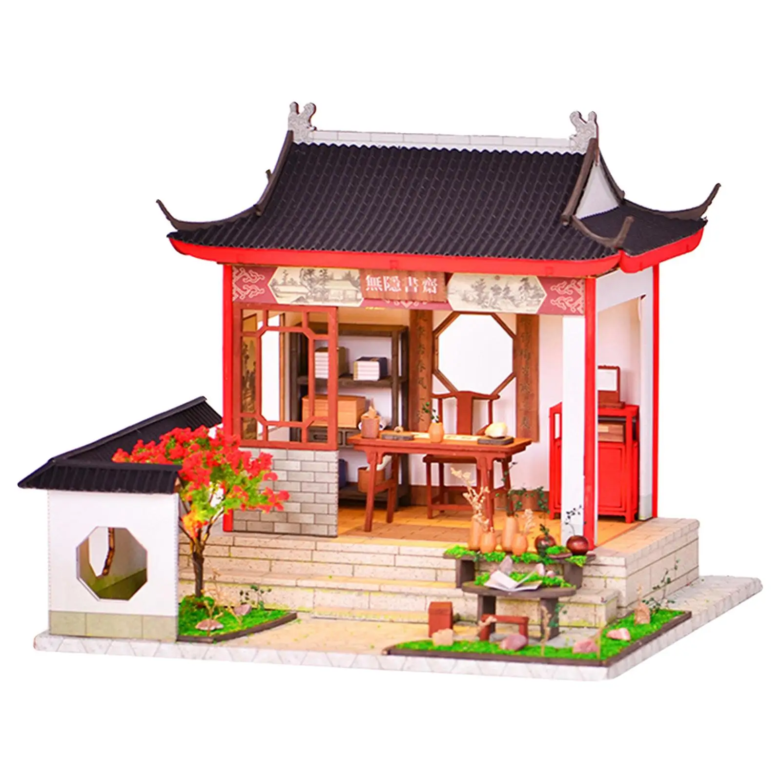Artesanato diy kit de casa de bonecas de madeira com luz led casa de boneca móveis feitos à mão estilo chinês brinquedo sala de estudo
