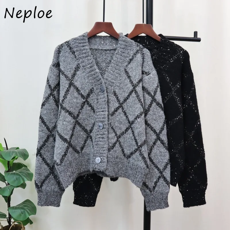 Neploe Vintage Argyle Sequin Knitted Cardigan 2024 Autumn Winter New V-neck Sweaters All-match Long Sleeve Tops Women