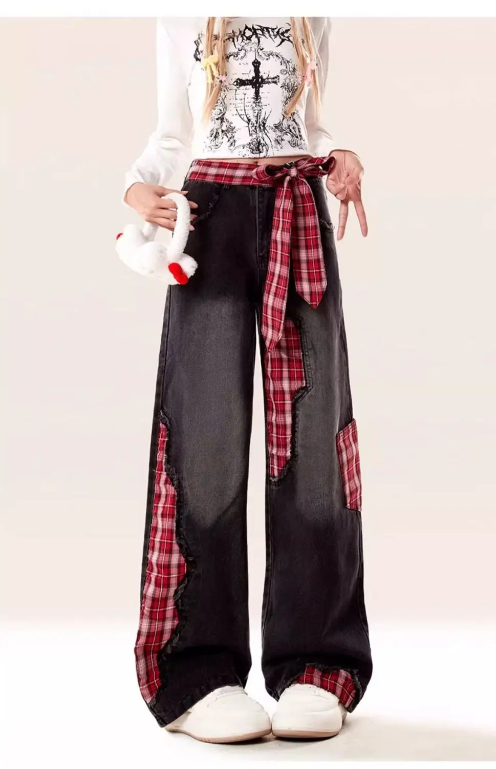 

American Retro Pink Plaid Patchwork Bow Jeans Women High Waist Vintage Streetwear Casual Y2K Denim Pants Wide Leg Trousers