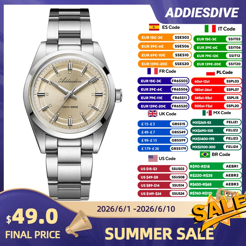 

ADDIESDIVE AD2515 Dress Watch Men New VH31 Quartz Wristwatch Waterproof 100m Domed Glass Luminous Stainless Steel 36mm Watch