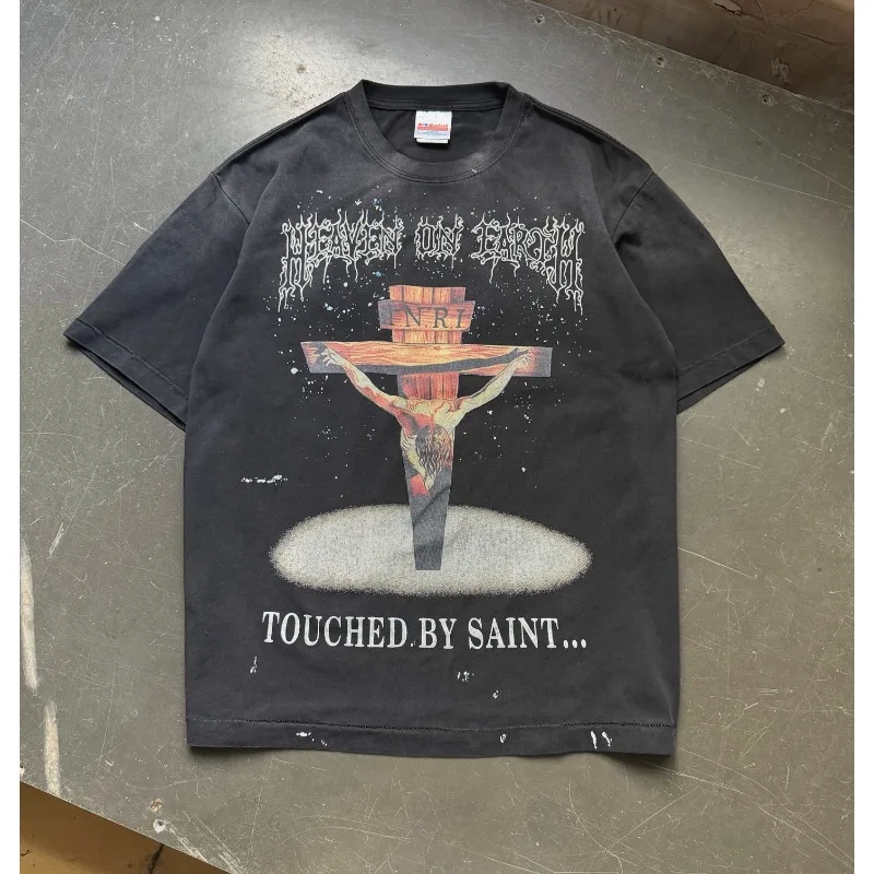 High Street Saint Jesus Cross Print Casual Fashion T Shirt Vintage Distressed Washed Streetwear Cotton Short Sleeve Tee