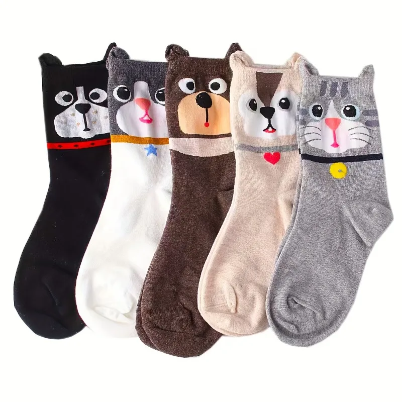 5-Pair Autumn/Winter Women's Cute Three-Dimensional Cartoon Animal Mid-Calf Socks