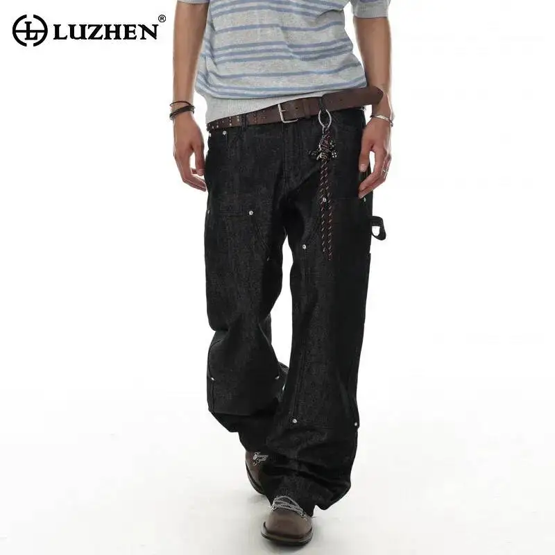 LUZHEN 2026 New Stylish Rivet Metal Decorate Patchwork Loose Straight Jeans Men's Handsome Original Wide Leg Denim Pants JY7947