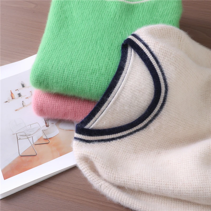 Women Mink Cashmere Sweater O-Neck Pullover Autumn Winter Basic Casual Soft Warm Color Block Clothing 100% Mink Cashmere Tops