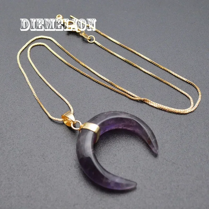 35mm Natural Stones Crescent Moon Necklaces Pendants Amethyst Pink Quartz Opal White Stone Gold Color Reiki Women