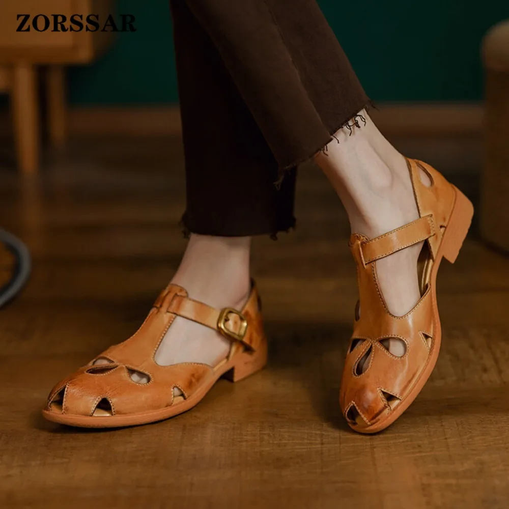 

Женские сандалии из натуральной кожи с Т-образным ремешком, вырезами, низким каблуком-блок и ретро-пряжкой, повседневная летняя обувь для ежедневной носки