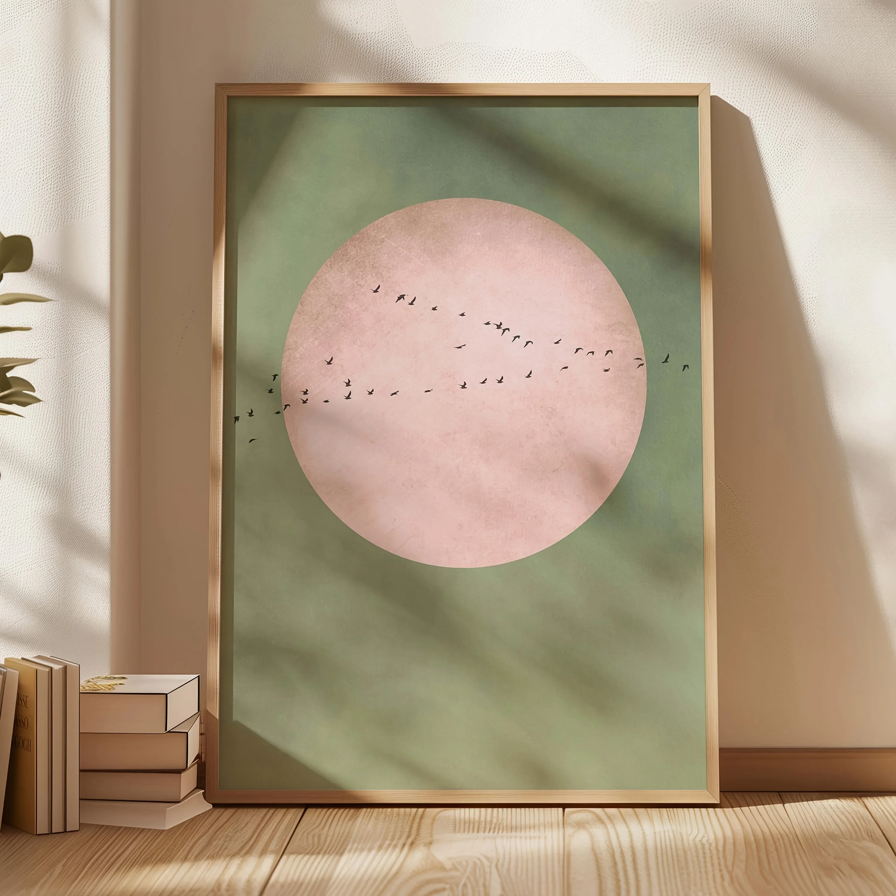 Mint Green Flying Birds Wall Art, Japandi Moon Art, Large Living Room Decor, Pink Wall Hanging, Lime Cream Decor, Sage Green