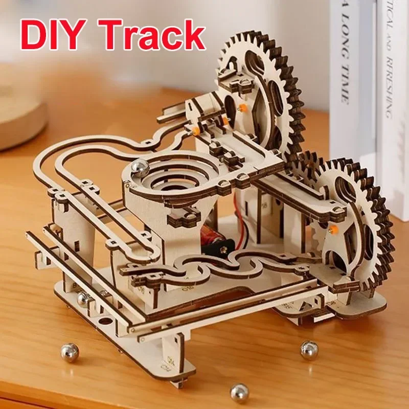 New 3D Wooden Puzzles Electric Catapult Track Device Marble Run Set Mechanical Model Science Maze Assembly Gift for Kids