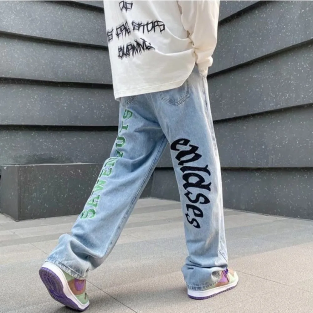 New Hip Hop Letter Printing Jeans For Men High Street Blue Black Jeans Homme Loose Straight Hearts Pants Moto Trouse