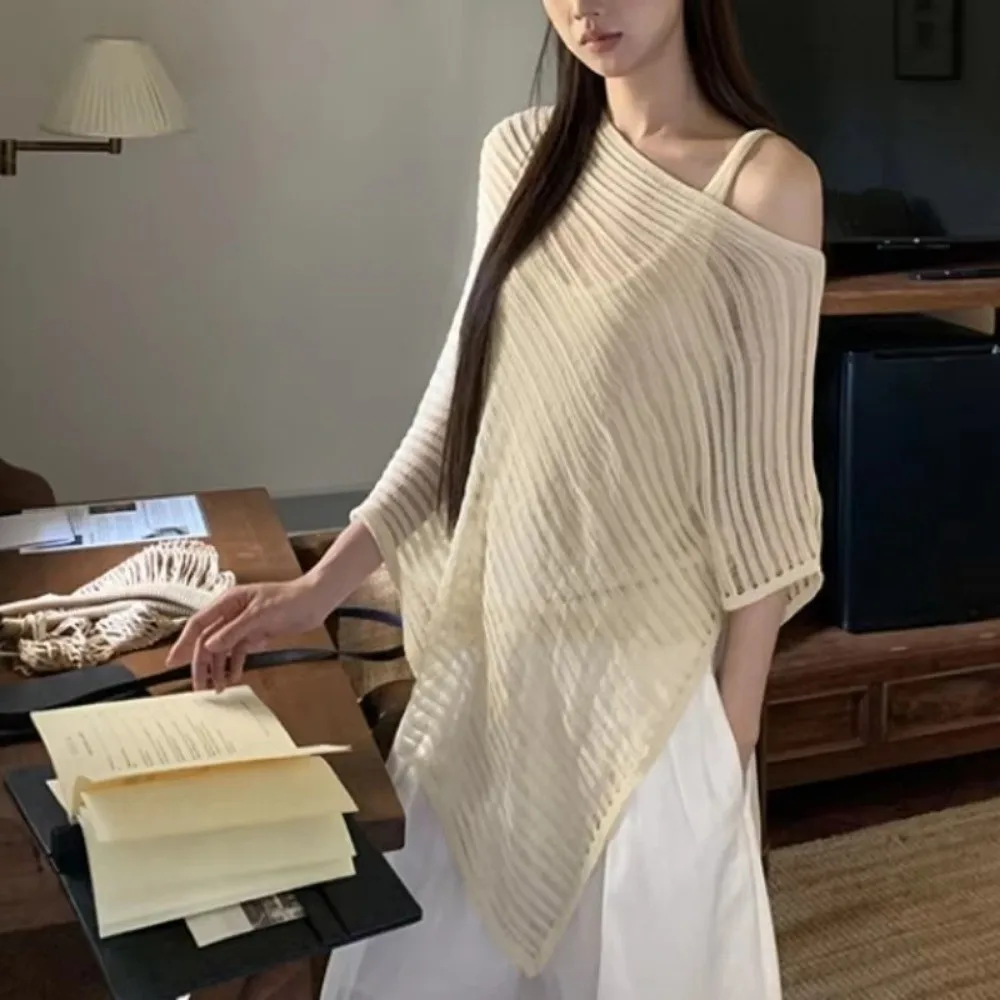 Casual Stripe Patchwork Crochet Hollow Top Transparent Thin Bohemian Shawl Irregular Loose Beach Cloak Vacation