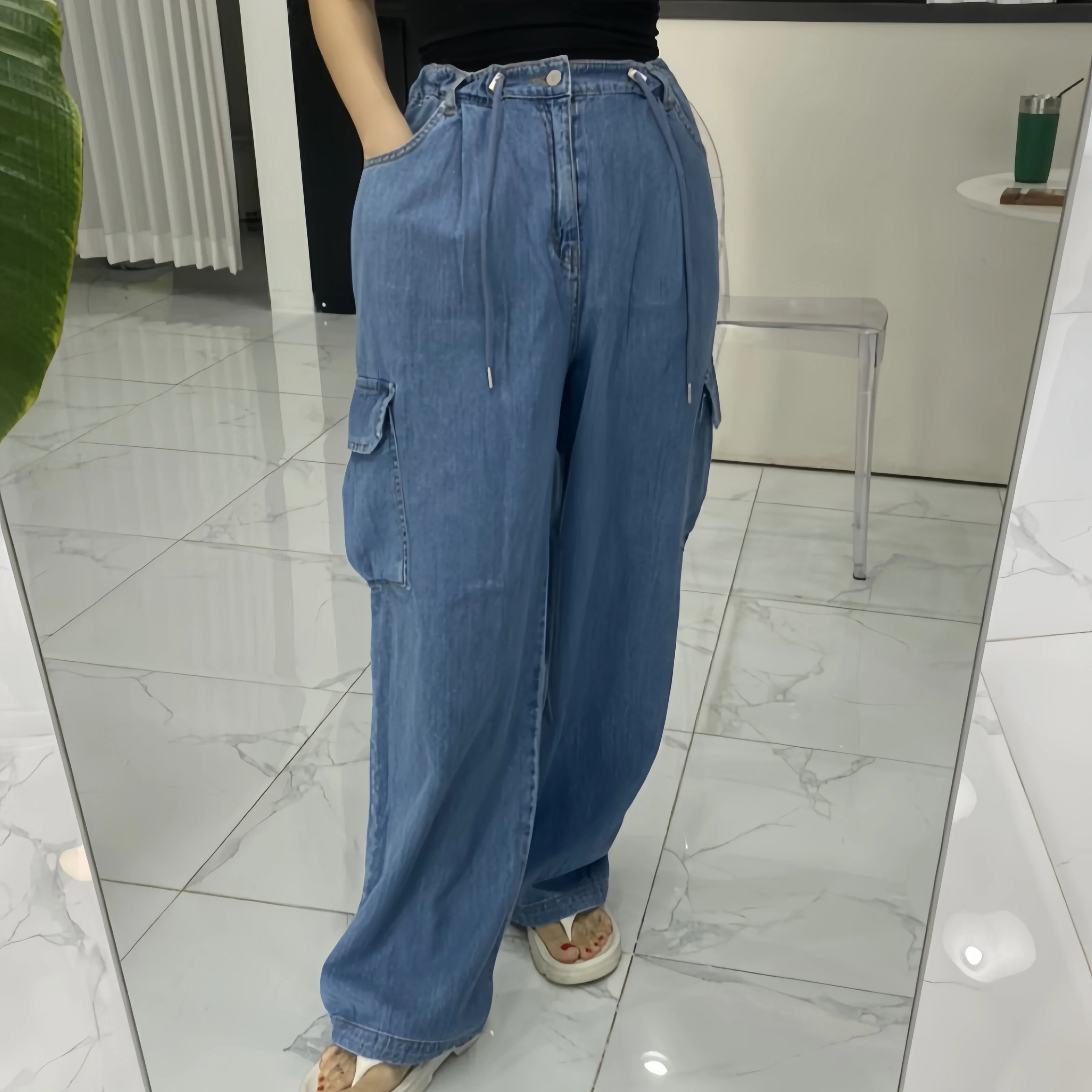 

Spring Summer Vintage Denim Cargo Pants 2025 New High Waist Blue Street Washed Casual Jeans Wide Leg Pant Pockets Female