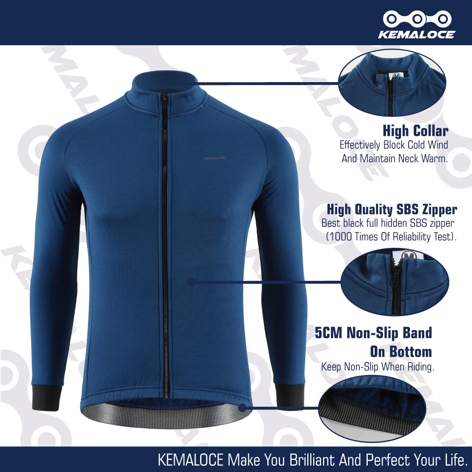 KEMALOCE-Chaqueta de ciclismo para hombre, Jersey de manga larga con forro polar, tejido térmico en blanco, negro, azul y gris, para Primavera e Invierno