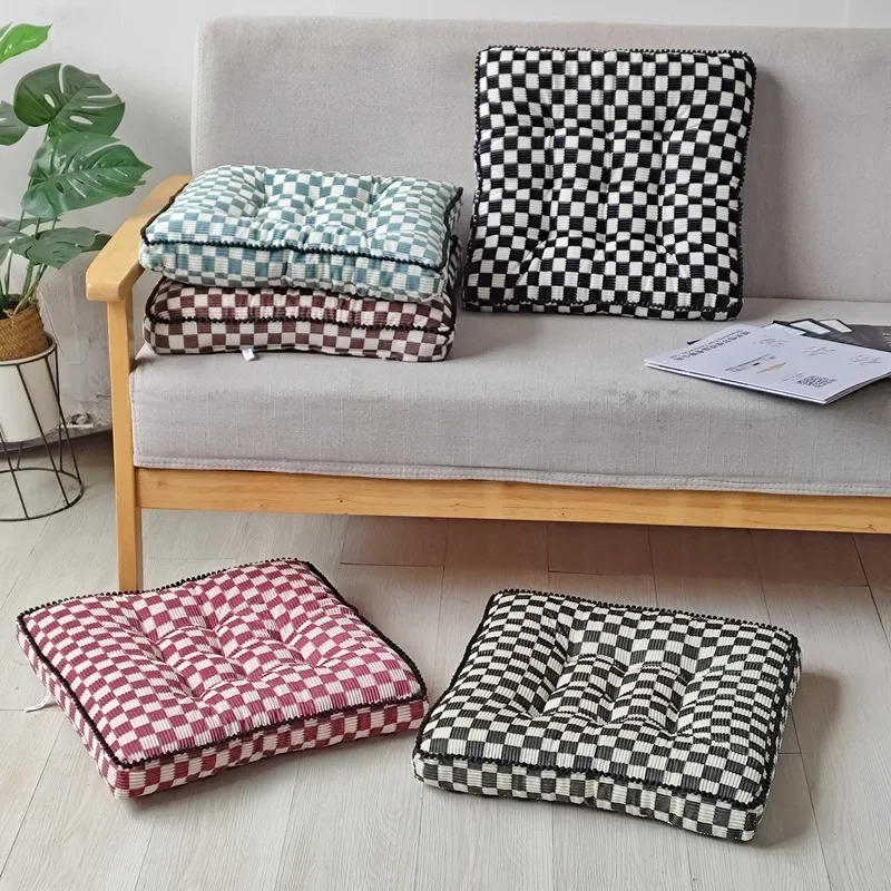 Checkerboard Grid Corduroy Square Cushion Thickened Three-dimensional Chair Plush Cushion Office Home Decoration