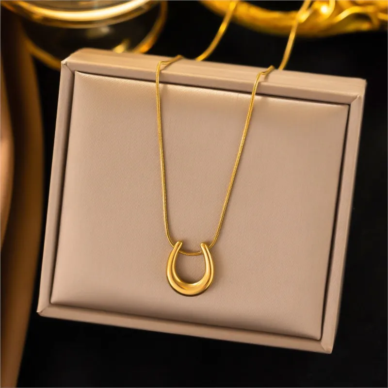 ANENJERY 316L Stainless Steel Simple U-shape Pendant Necklace for Women Niche Premium Necklace Jewelry Accessory Gift