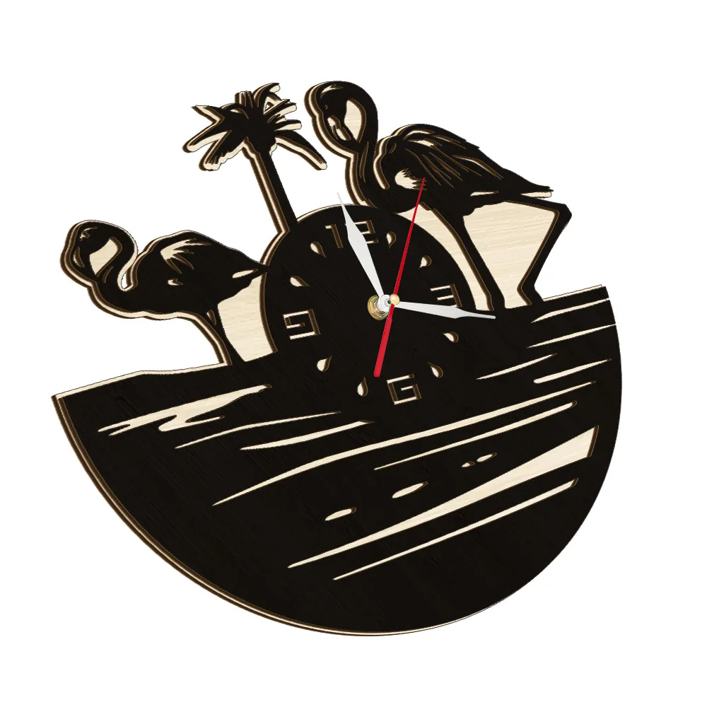 Flamingo Birds On Lake Modern Design Rustic Wood Clock For Girls Room Vintage Birds Home Decor Laser Cut Natural Wooden Clock