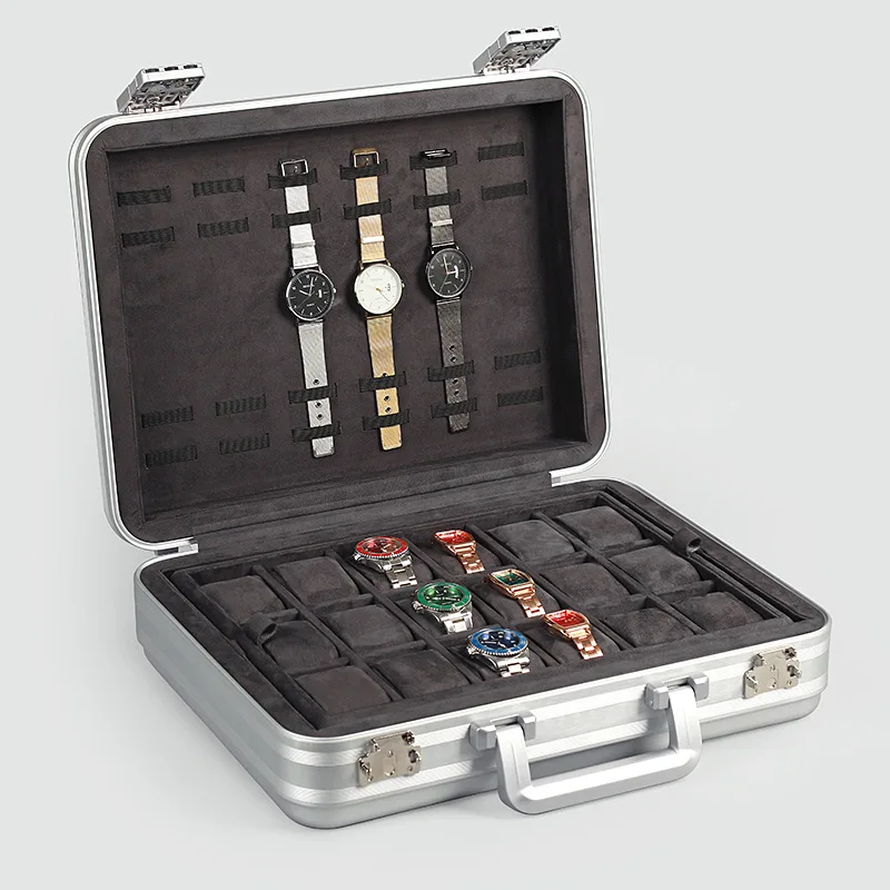 Aluminum Luxury Watch Box Large Metal Watch Box Organizer Storage Bag with Lock 18 Grid Suitcase Travel Case Display Box Gift image 3